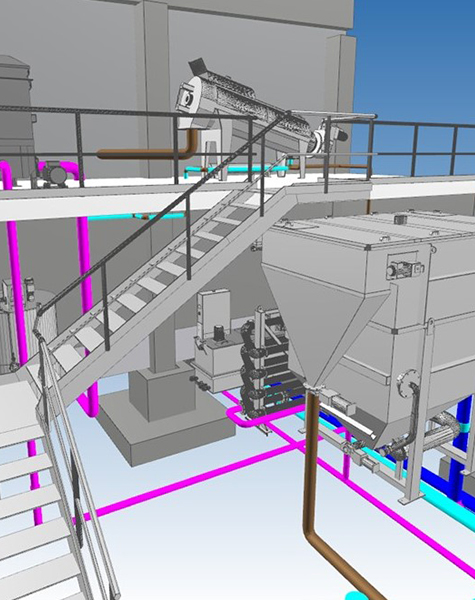 3D-Modellansicht der geplanten Betriebswasseraufbereitung mit Büroräumen, Lagertanks und Anlagentechnik im dargestellten Gebäudequerschnitt